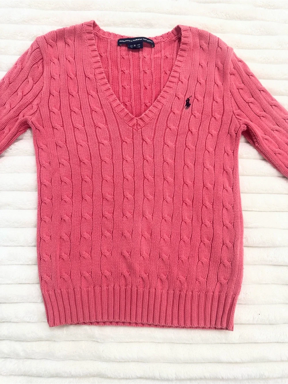 Ralph Lauren Sport Women’s Small Coral Pink Cable Knit V-Neck Cotton Sweater